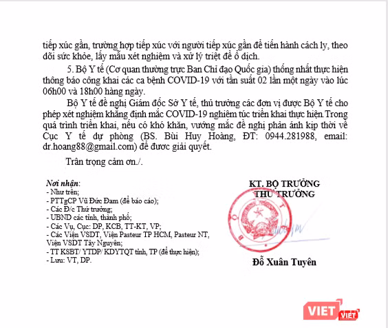 Văn bản về việc thông báo các ca bệnh COVID-19 của Bộ Y tế