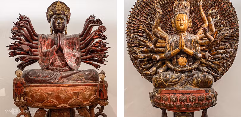 Khác biệt về phần vai của tượng Quan Âm chùa Hội Hạ (Vĩnh Phúc) với tượng Quan Âm chùa Bút Tháp (Bắc Ninh).