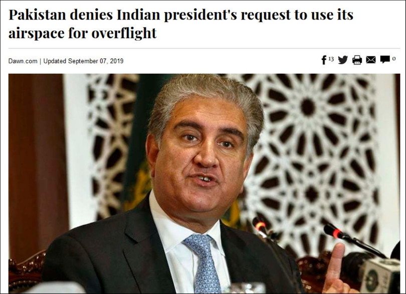 Báo chí Pakistan đưa tin Ngoại trưởng Shah Mehmood Qureshi tuyên bố không cung cấp không phận cho chuyên cơ của Tổng thống Ấn Độ Báo chí Pakistan đưa tin Ngoại trưởng Shah Mehmood Qureshi tuyên bố không cung cấp không phận cho chuyên cơ của Tổng thống Ấn Độ
