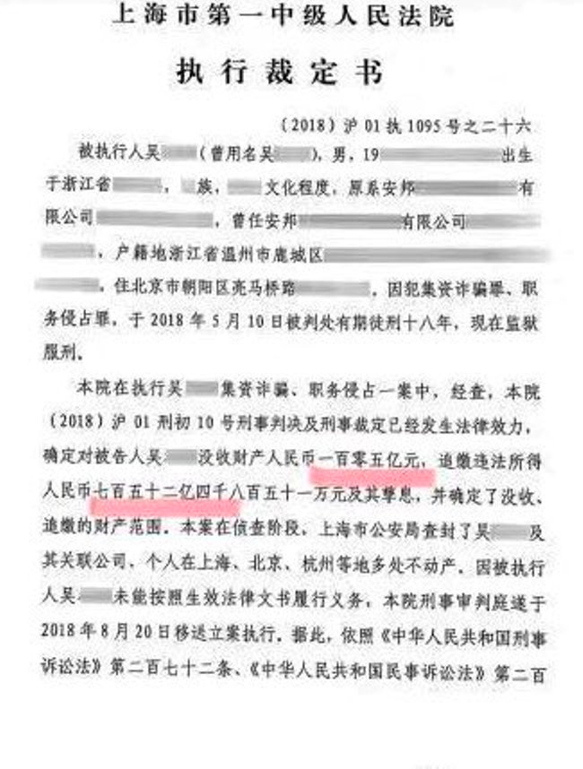 Phán quyết của Tòa án về việc thi hành thu hồi khoản thu nhập bất hợp pháp 75 tỷ 245 triệu 510 ngàn NDT của ông Ngô Tiểu Huy