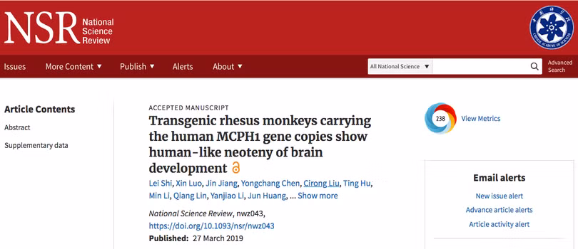 Bản báo cáo về công trình nghiên cứu cấy gene người vào não khỉ đăng trên tạp chí khoa học của Viện Khoa học Trung Quốc. Bản báo cáo về công trình nghiên cứu cấy gene người vào não khỉ đăng trên tạp chí khoa học của Viện Khoa học Trung Quốc.