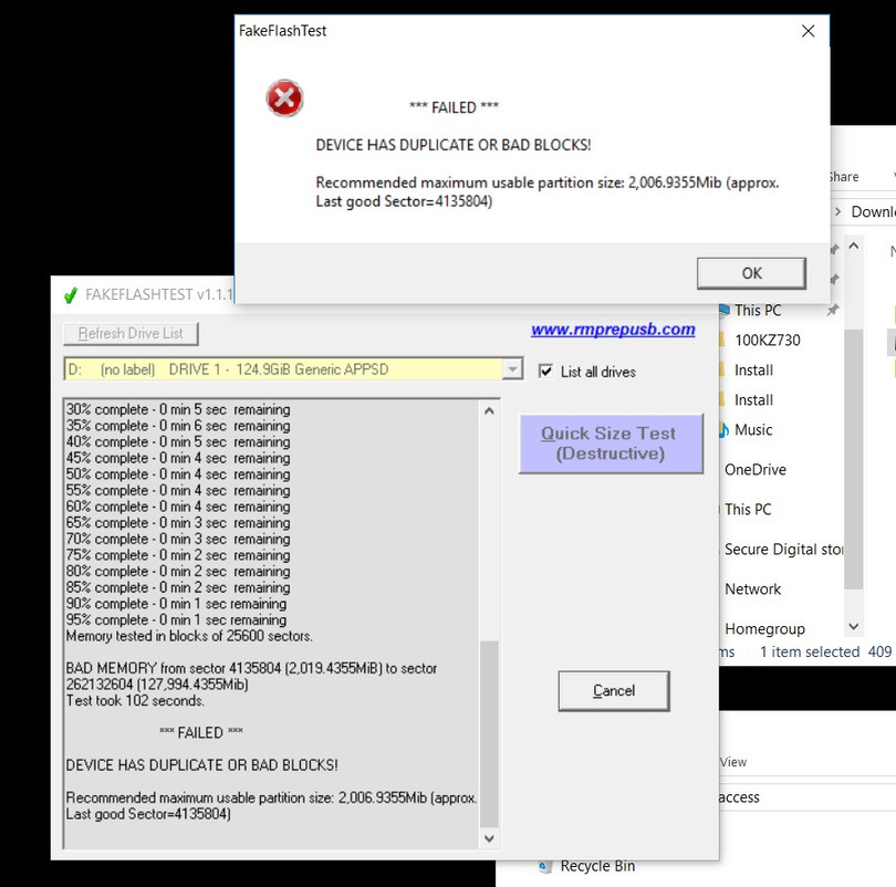 FakeFlashTest là một công cụ giúp người dùng kiểm tra thẻ nhớ của mình có phải là hàng nhái hay không.