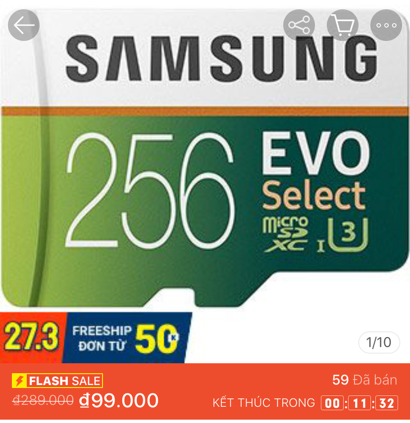 Một chiếc thẻ nhớ Samsung 256GB được Shopee Flash sale, thu hút được hàng chục lượt mua chỉ trong vòng chưa đầy 2 tiếng.