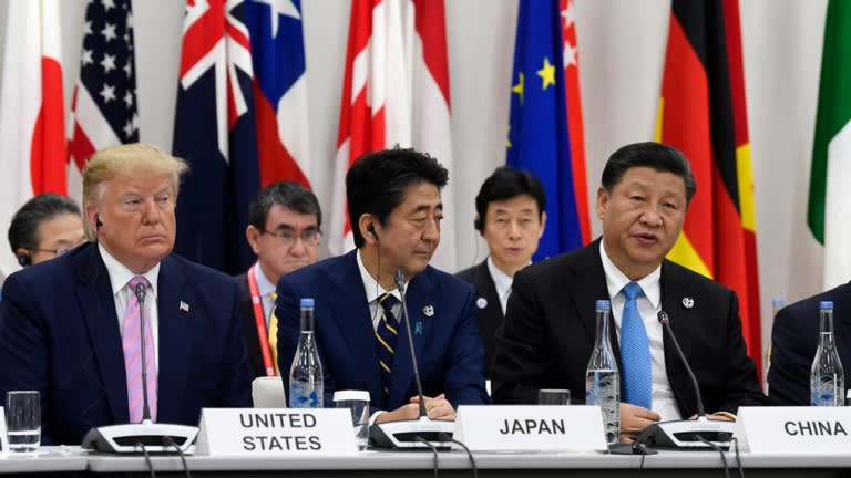 Tổng thống Mỹ Donald Trump, Thủ tướng Nhật Bản Shinzo Abe và Chủ tịch Trung Quốc Tập Cận Bình (từ trái qua phải). (Ảnh: Nikkei Asian Review) Ảnh: Nikkei Asian Review