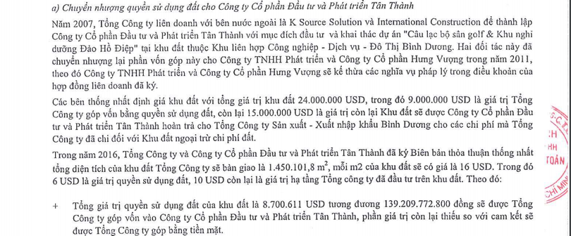 Protrade chuyển nhượng lô đất 145 ha với giá 16 USD/m2. (Nguồn: BCTC doanh nghiệp) Protrade chuyển nhượng lô đất 145 ha với giá 16 USD/m2. (Nguồn: BCTC doanh nghiệp)