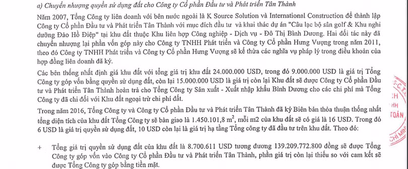 Protrade chuyển nhượng lô đất 145 ha với giá 16 USD/m2. (Nguồn: BCTC doanh nghiệp)