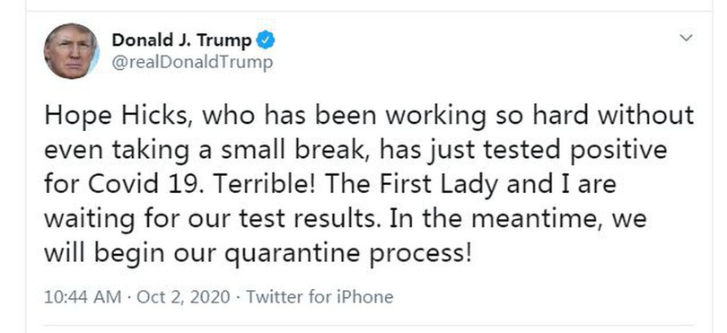 Vào đêm qua, theo giờ Washington, sáng nay theo giờ Hà Nội, ông Trump viết trên Twiiter thông báo Trợ lý Hope Hicks bị nhiễm COVID-19, ông và vợ phải cách ly (Ảnh: Đa Chiều).
