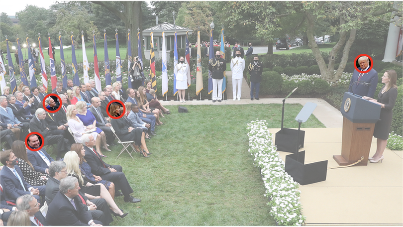 Ông Trump và 3 người đã được xác nhận nhiễm COVID-19 (trong vòng đỏ): bà Melinda, Thượng nghị sỹ Mike Lee và Hiệu trưởng Đại học John Hopkin (Ảnh: Getty/BBC). Ông Trump và 3 người đã được xác nhận nhiễm COVID-19 (trong vòng đỏ): bà Melinda, Thượng nghị sỹ Mike Lee và Hiệu trưởng Đại học John Hopkin (Ảnh: Getty/BBC).