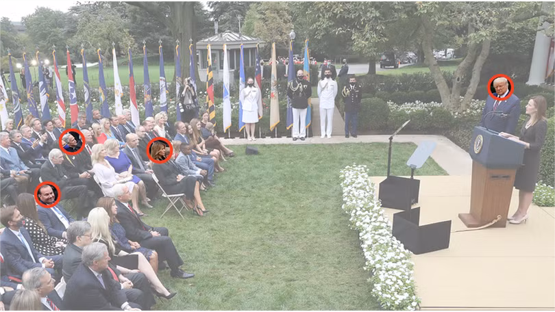 Ông Trump và 3 người đã được xác nhận nhiễm COVID-19 (trong vòng đỏ): bà Melinda, Thượng nghị sỹ Mike Lee và Hiệu trưởng Đại học John Hopkin (Ảnh: Getty/BBC).