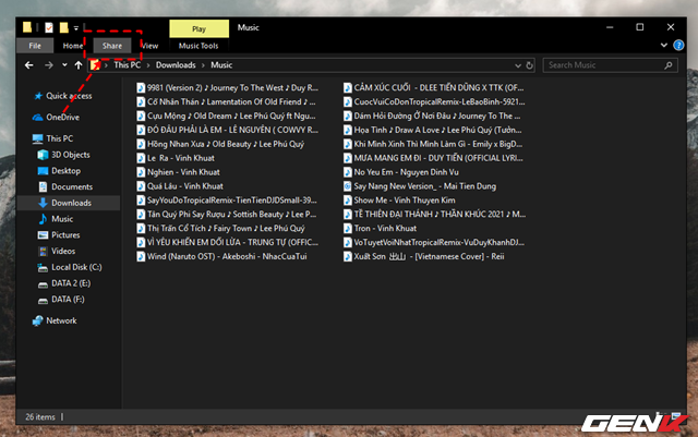 Đầu tiên sẽ là lựa chọn sử dụng tính năng Share trong File Explorer. Để kích hoạt, bạn hãy điều hướng đến thư mục hoặc tập tin mình cần và nhấp vào tab Share trên thanh menu của File Explorer. Đầu tiên sẽ là lựa chọn sử dụng tính năng Share trong File Explorer. Để kích hoạt, bạn hãy điều hướng đến thư mục hoặc tập tin mình cần và nhấp vào tab Share trên thanh menu của File Explorer.