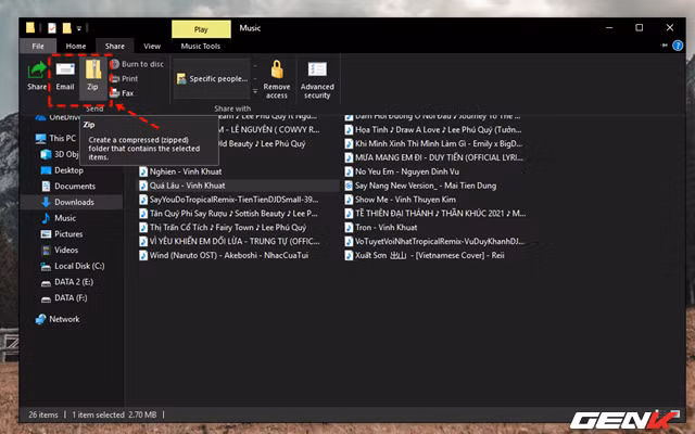 Ngoài ra, menu Share trong File Explorer còn cho phép người dùng có thể gửi nhanh dữ liệu qua Email hoặc nén lại với định dạng ZIP nếu muốn. Nói chung tùy thuộc vào định dạng tập tin mà File Explorer cung cấp cho bạn cách chia sẻ cho phù hợp.