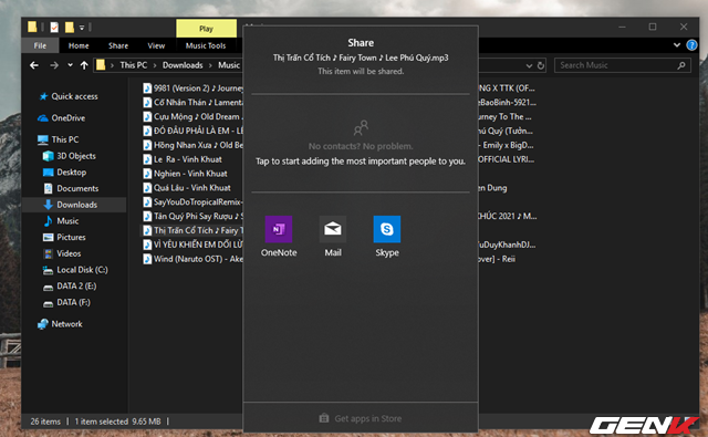 Khi đó, lập tức cửa sổ lựa chọn hình thức chia sẻ sẽ xuất hiện, ở đây sẽ có các lựa chọn chia sẻ đến các liên hệ gần nhất, qua Bluetooth hoặc sử dụng các ứng dụng chia sẻ dữ liệu có cài sẵn trên hệ điều hành như OneNote và Mail. Khi đó, lập tức cửa sổ lựa chọn hình thức chia sẻ sẽ xuất hiện, ở đây sẽ có các lựa chọn chia sẻ đến các liên hệ gần nhất, qua Bluetooth hoặc sử dụng các ứng dụng chia sẻ dữ liệu có cài sẳn trên hệ điều hành như OneNote và Mail.