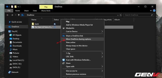 Trường hợp bạn muốn có nhiều lựa chọn chia sẻ hơn từ OneDrive, hãy chọn "More OneDrive Sharing Options". Trường hợp bạn muốn có nhiều lựa chọn chia sẻ hơn từ OneDrive, hãy chọn
