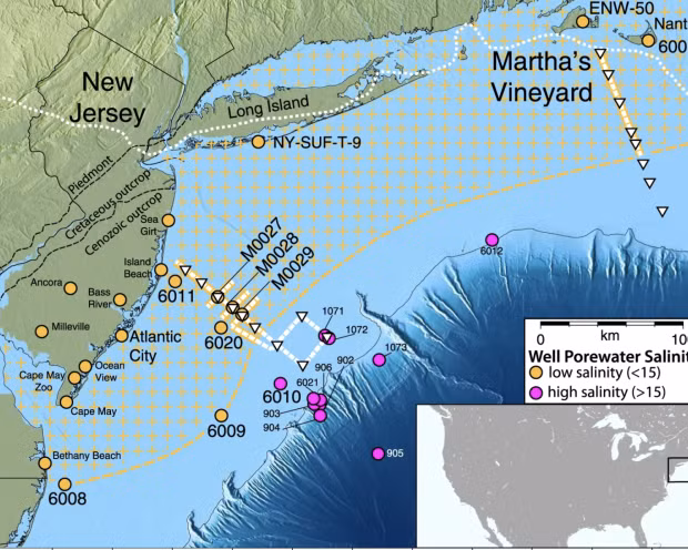 Hồi nước ngoài khơi bờ biển Hoa Kỳ, với phần da cam là nước có độ mặn thấp.