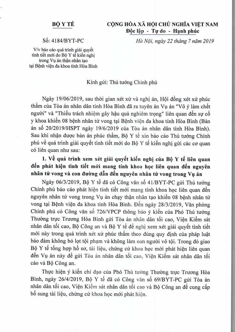 Công văn Bộ Y tế báo cáo Thủ tướng Chính phủ về quá trình giải quyết tình tiết mới trong vụ án chạy thận tại Hòa Bình