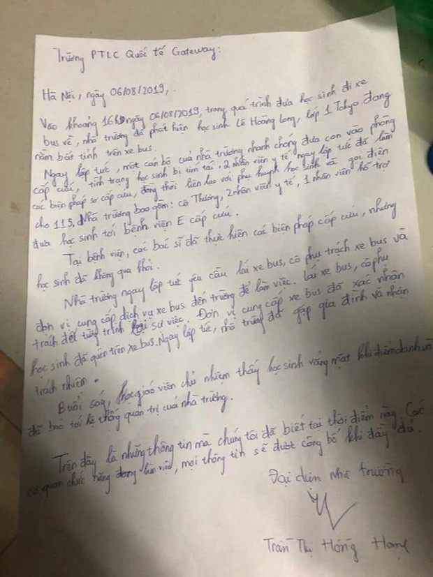 Văn bản viết tay do bà Trần Thị Hồng Hạnh – Chủ tịch Hội đồng nhà trường – ký Văn bản viết tay do bà Trần Thị Hồng Hạnh – Chủ tịch Hội đồng nhà trường– ký