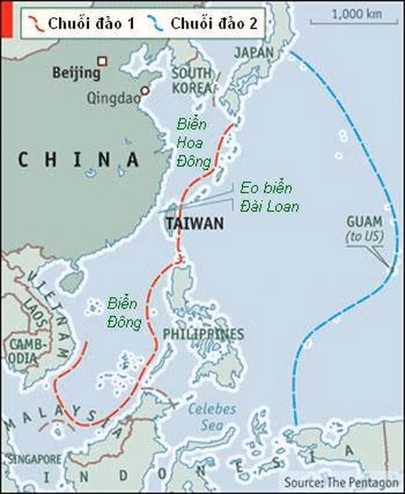 Đài Loan sẽ là trọng điểm của cuộc chiến công thủ Mỹ - Trung để giữ và đột phá chuỗi đảo thứ nhất (màu đỏ)