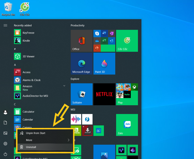 Nhấn Uninstall từ menu thả xuống. Nhấn Uninstall từ menu thả xuống.