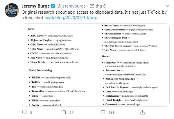 Một danh sách bao gồm 53 ứng dụng đọc clipboard người dùng được tài khoản Twitter @jeremyburge công bố. Ảnh: Twitter. Một danh sách bao gồm 53 ứng dụng đọc clipboard người dùng được tài khoản Twitter @jeremyburge công bố. Ảnh: Twitter.