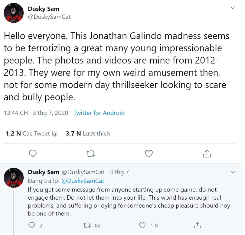 Tài khoản Twitter tên Dusky Sam xác nhận mình tạo ra bức ảnh và video Jonathan Galindo? Tài khoản Twitter tên Dusky Sam xác nhận mình tạo ra bức ảnh và video Jonathan Galindo?