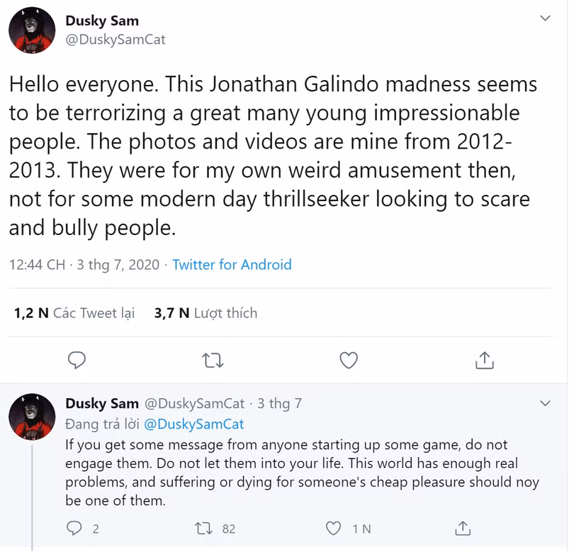 Tài khoản Twitter tên Dusky Sam xác nhận mình tạo ra bức ảnh và video Jonathan Galindo?