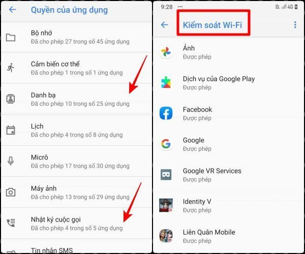 Phân quyền đọc danh bạ, cuộc gọi và sử dụng mạng WiFi, đặc biệt cần thiết với WiFi công cộng Phân quyền đọc danh bạ, cuộc gọi và sử dụng mạng WiFi, đặc biệt cần thiết với WiFi công cộng