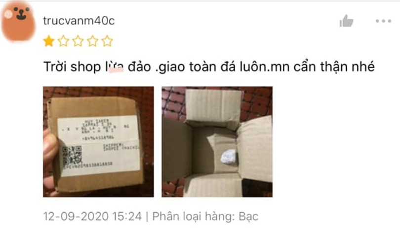 Khách hàng để lại đánh giá 1 sao kèm hình ảnh hàng hóa nhận được.