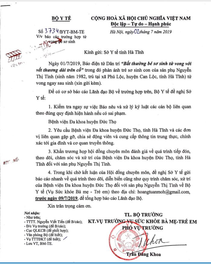 Công văn hỏa tốc của Bộ Y tế gửi Sở Y tế Hà Tĩnh hôm nay