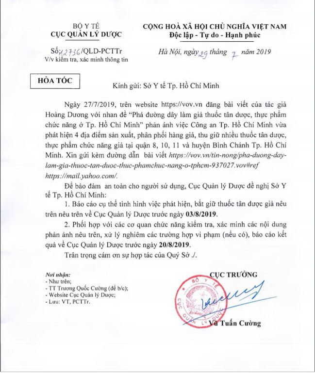 Công văn hỏa tốc của Cục Quản lý Dược (Bộ Y tế)