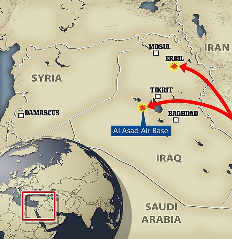 Vị trí hai căn cứ quân sự Mỹ ở Iraq bị tên lửa Iran tấn công. (Ảnh: Daily Mail) Vị trí hai căn cứ quân sự Mỹ ở Iraq bị tên lửa Iran tấn công. (Ảnh: Daily Mail)