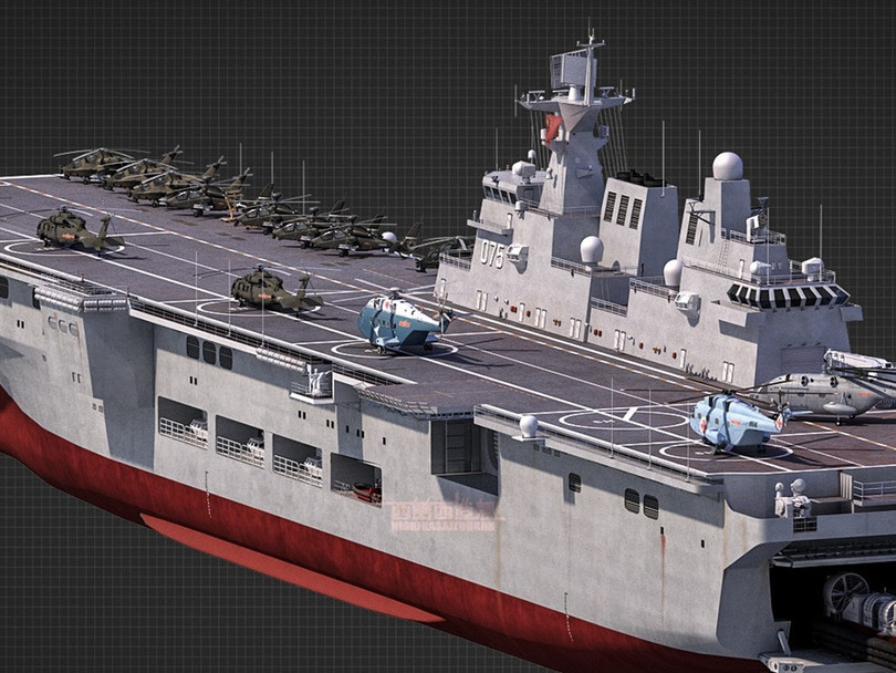 Tàu đổ bộ tấn công Type 075 mang theo các trực thăng và xuồng đổ bộ, xe lội nước (Ảnh: Đa Chiều)