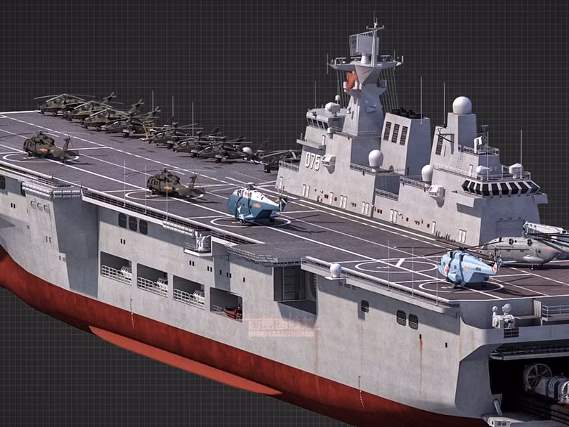 Tàu đổ bộ tấn công Type 075 mang theo các trực thăng và xuồng đổ bộ, xe lội nước (Ảnh: Đa Chiều) Tàu đổ bộ tấn công Type 075 mang theo các trực thăng và xuồng đổ bộ, xe lội nước (Ảnh: Đa Chiều)