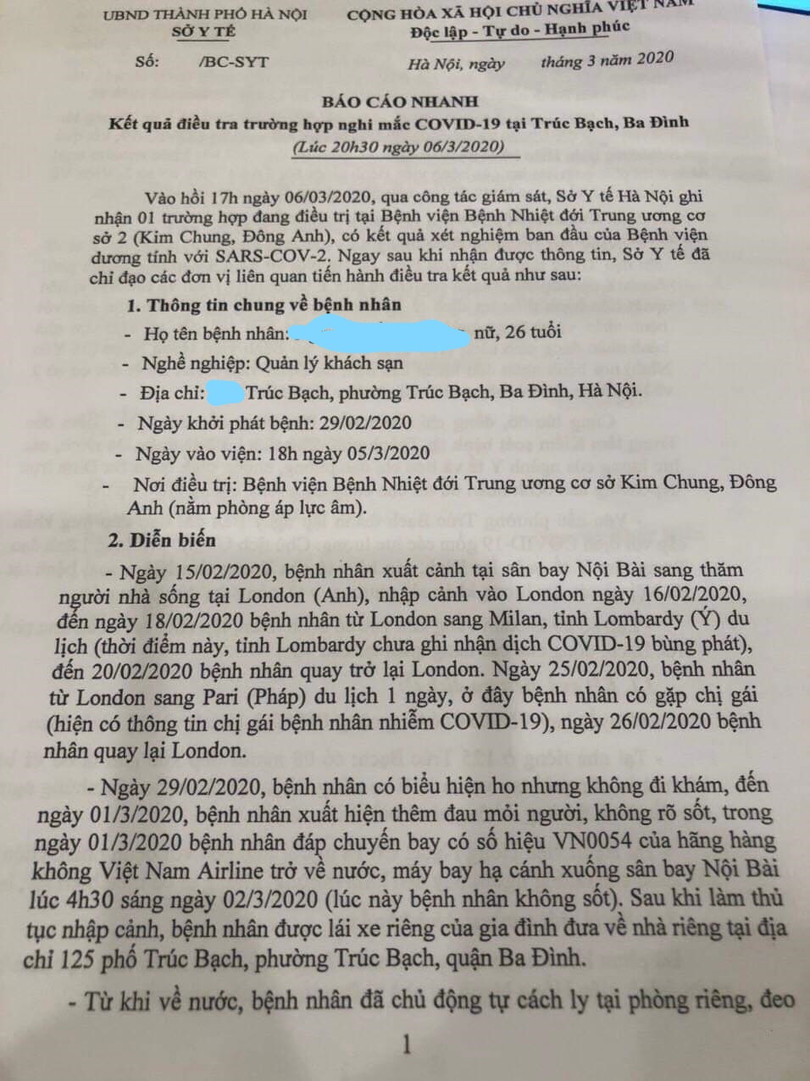 Báo cáo của Sở Y tế Hà Nội về trường hợp bệnh nhân COVID-19 đầu tiên ở Hà Nội