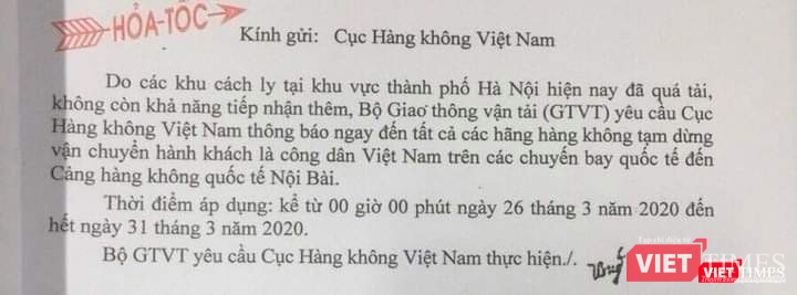 Nội dung công văn hỏa tốc của Bộ Giao thông vận tải gửi Cục Hàng không Việt Nam.