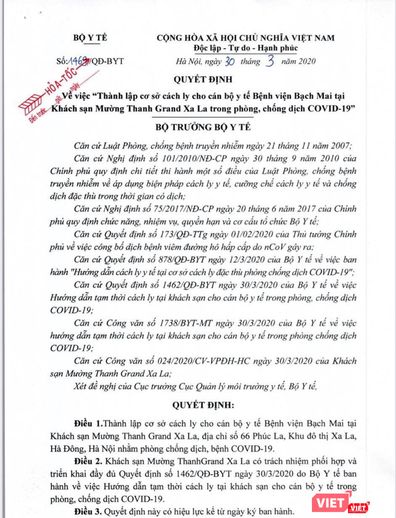 Công văn hỏa tốc của Bộ Y tế về việc thành lập cơ sở cách ly cho cán bộ y tế Bệnh viện Bạch Mai Công văn hỏa tốc của Bộ Y tế về việc thành lập cơ sở cách ly cho cán bộ y tế Bệnh viện Bạch Mai