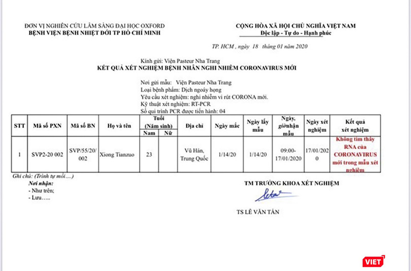 Phiếu xét nghiệm mẫu bệnh phẩm của du khách Xiong Tianzuo đối với chủng virus nCoV gây bệnh viêm phổi cấp tính ở TP Vũ Hán.