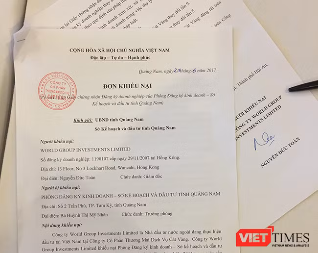 Đơn khiếu nại của ông Nguyễn Đức Toàn đối với Phòng Đăng ký kinh doanh, Sở KHĐT tỉnh Quảng Nam