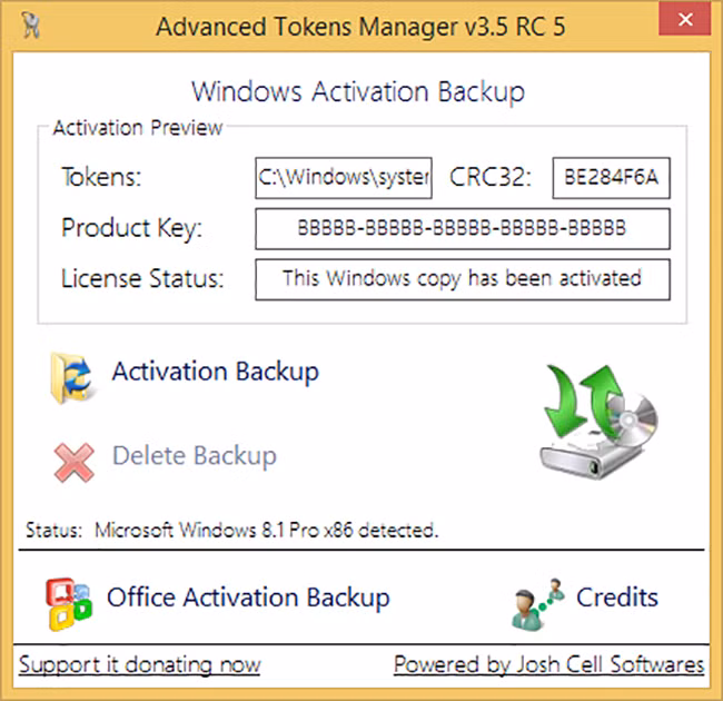 Advanced Tokens Manager cho phép người dùng sao lưu, phục hồi bản quyền Windows và Microsoft Office chỉ với vài thao tác đơn giản.