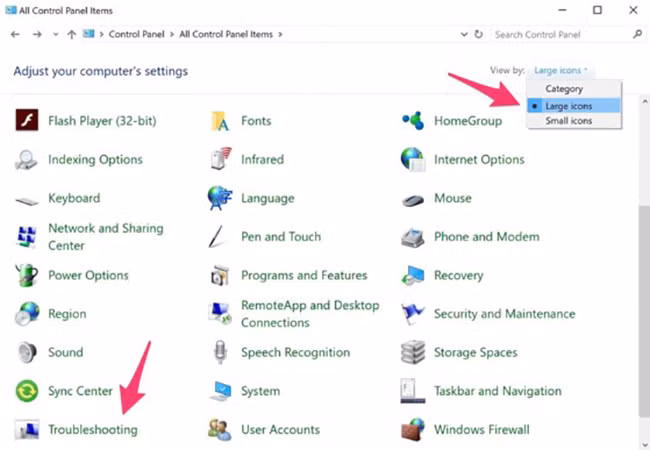 Chuyển chế độ hiển thị trong Control Panel sang Large icons