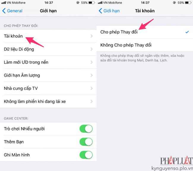 Thiết lập giá trị trong mục Accounts (tài khoản) là Allow Changes (cho phép thay đổi). Ảnh: MINH HOÀNG