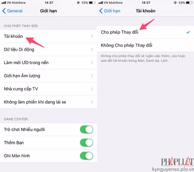 Thiết lập giá trị trong mục Accounts (tài khoản) là Allow Changes (cho phép thay đổi). Ảnh: MINH HOÀNG