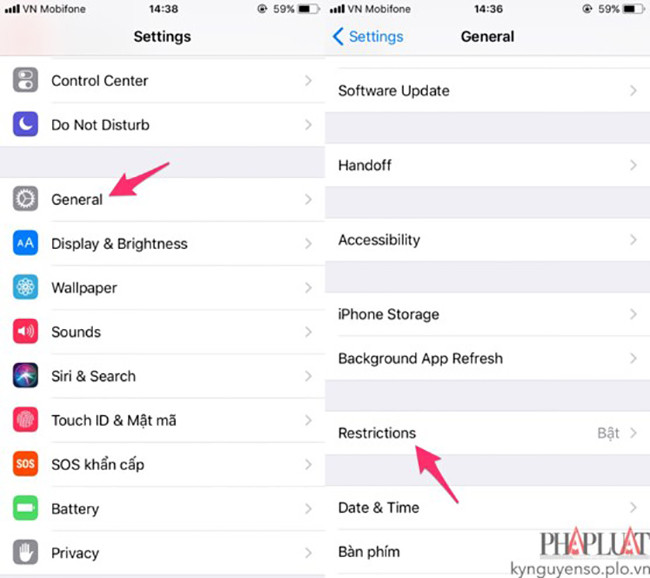 Tìm đến tùy chọn Restrictions (giới hạn) trong phần Settings (cài đặt). Ảnh: MINH HOÀNG