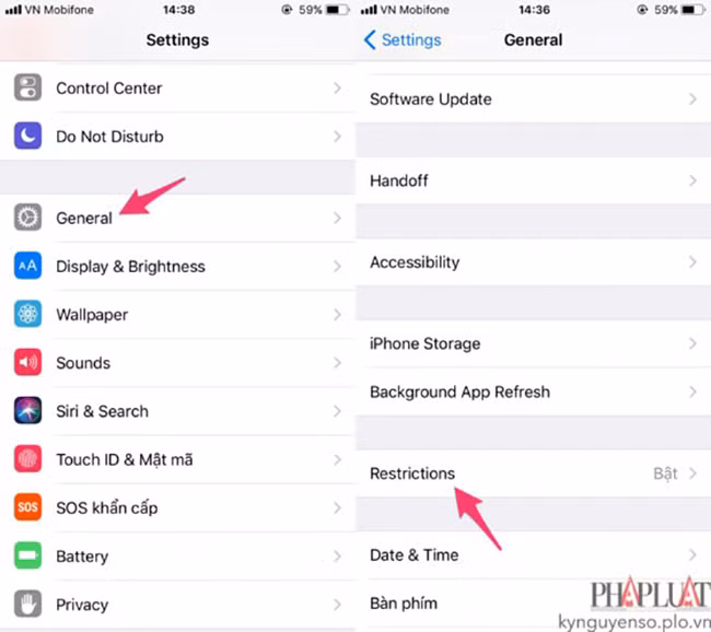Tìm đến tùy chọn Restrictions (giới hạn) trong phần Settings (cài đặt). Ảnh: MINH HOÀNG
