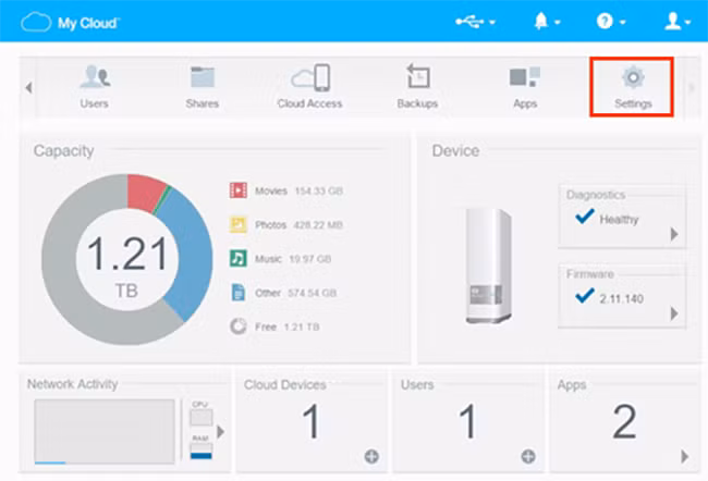 Khi đăng nhập bằng tài khoản quản trị viên (administrator), tại giao diện chính của trang Dashboard, bạn hãy nhấn vào nút Settings (biểu tượng hình bánh răng ở góc trên bên phải).