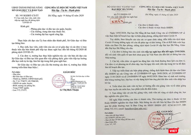 Văn bản của Sở GD&ĐT TP Đà Nẵng ra thông báo cho học sinh, sinh viên trên địa bàn TP nghỉ học đến hết tháng 02/2020, theo ý kiến của Chủ tịch UBND TP Đà Nẵng.