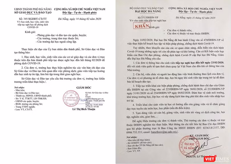 Văn bản của Sở GD&ĐT TP Đà Nẵng ra thông báo cho học sinh, sinh viên trên địa bàn TP nghỉ học đến hết tháng 02/2020, theo ý kiến của Chủ tịch UBND TP Đà Nẵng.