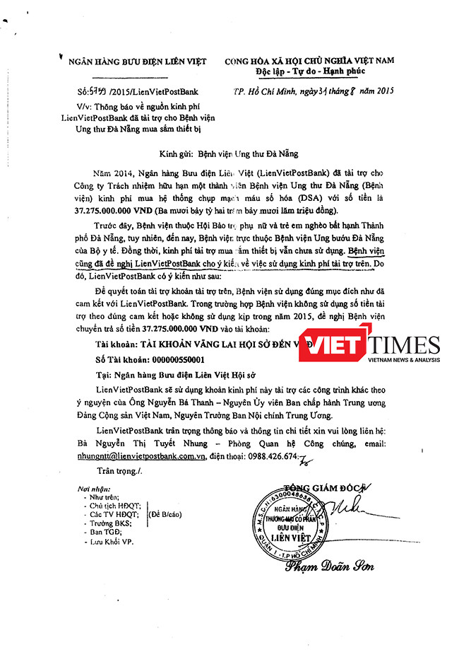 Công văn yêu cầu Bệnh viện Ung thư chuyển trả lại số tiền của Ngân hàng Bưu điện Liên Việt khi số tiền tài trợ không được dùng để mua máy chụp mạch máu số hóa DSA như đã thỏa thuận