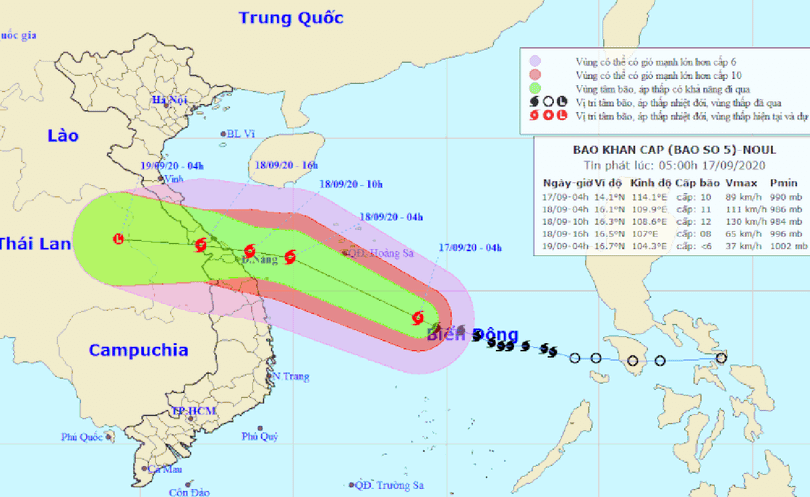 Dự báo của Trung tâm Khí tượng thủy văn quốc gia về đường đi của bão số 5