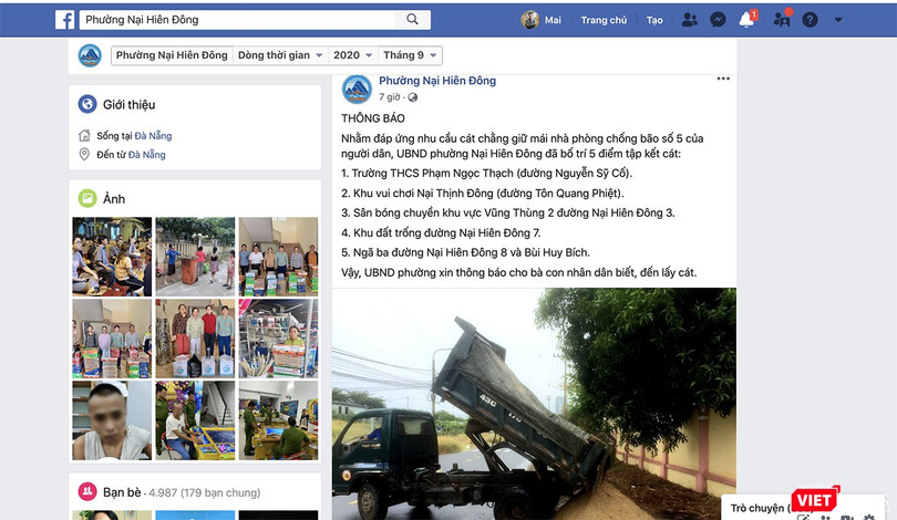 UBND phường Nại Hiên Đông (TP Đà Nẵng) sử dụng facebook để đăng thông tin về việc bố trí 5 điểm tập kết cát, cấp miễn phí cho dân chằng chống bão số 5.