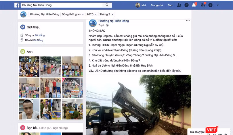 UBND phường Nại Hiên Đông (TP Đà Nẵng) sử dụng facebook để đăng thông tin về việc bố trí 5 điểm tập kết cát, cấp miễn phí cho dân chằng chống bão số 5.
